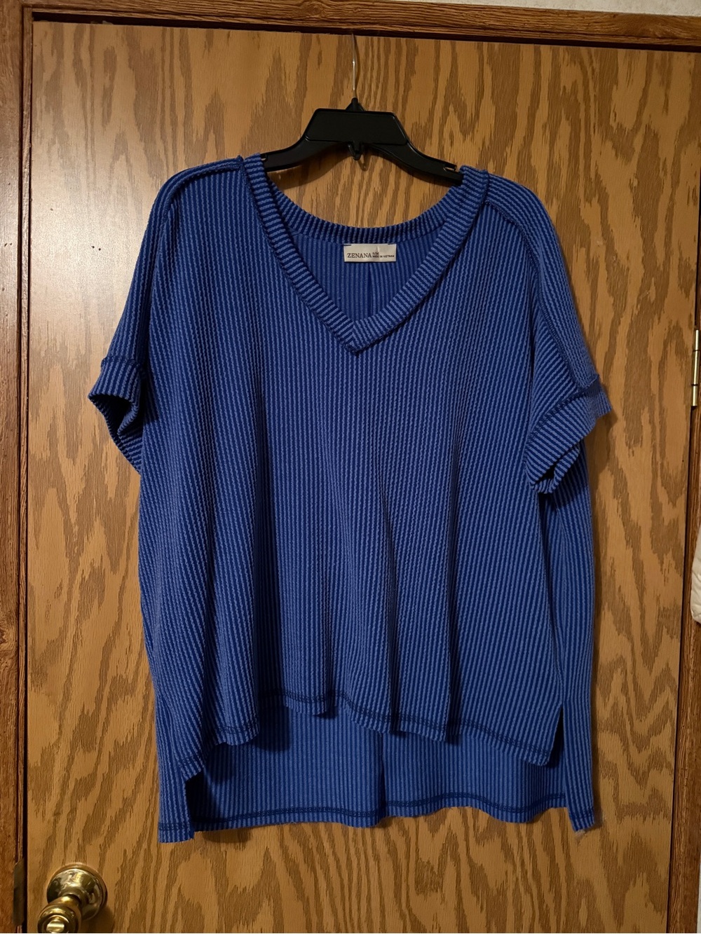 Zennia Royal Blue V-Neck Ribbed Short Sleeve Top